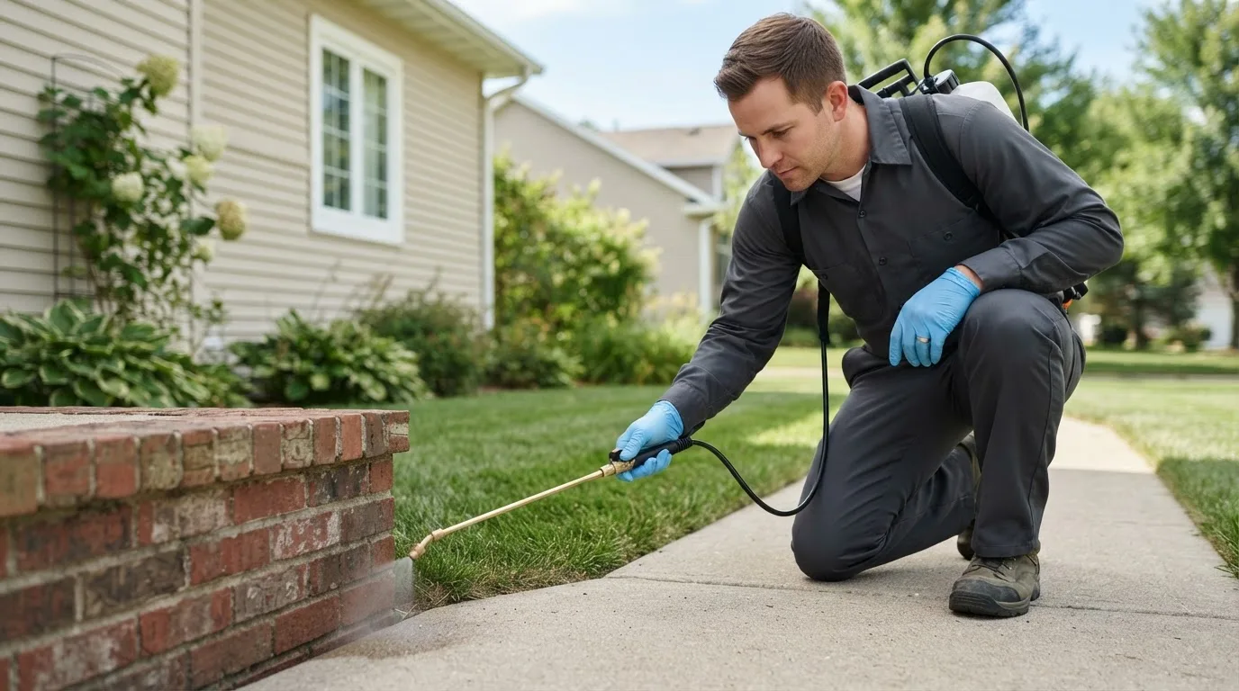 Pest control technician treating a home near Simms, MT